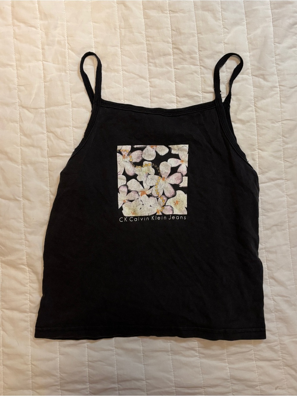 Vintage Y2K Calvin Klein Jeans Black Floral-Print Spaghetti Strap Tank